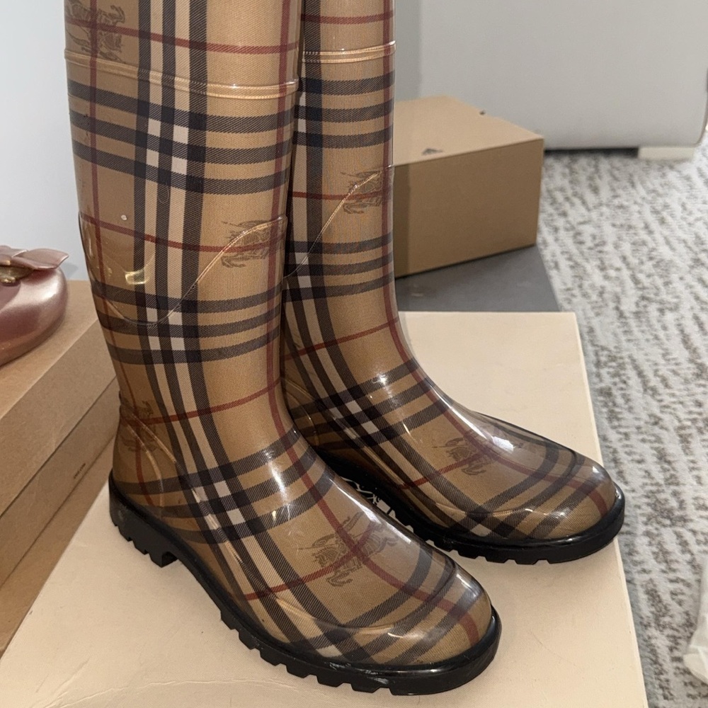 Burberry Tan Plaid Women's Tall Rain Boots